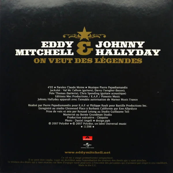 ON VEUT DES LEGENDES en duo avec Eddy Mitchell  (CD Promo 11398) - Image 2